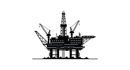 A stark black silhouette of an offshore oil rig stands against a white background showcasing industrial architecture silhouette high quality professional © Ashik