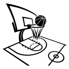 Fototapeta premium basketball dunking into hoop on court line drawing illustration vector clipart black and white