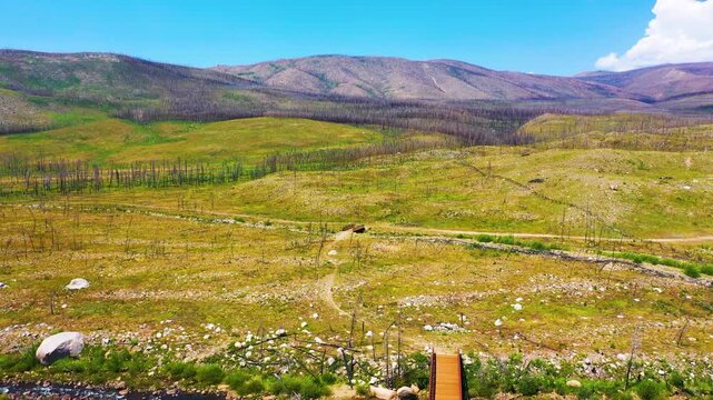 Drone shot of post wildfire backcountry near Granby Colorado, featuring scorched forest, rolling meadow, rocky drainage, sparse timber, and layered mountains in bright summer light.