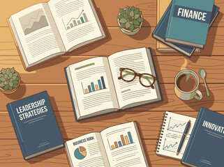 Obraz premium Financial and Leadership Books on Wooden Desk.
