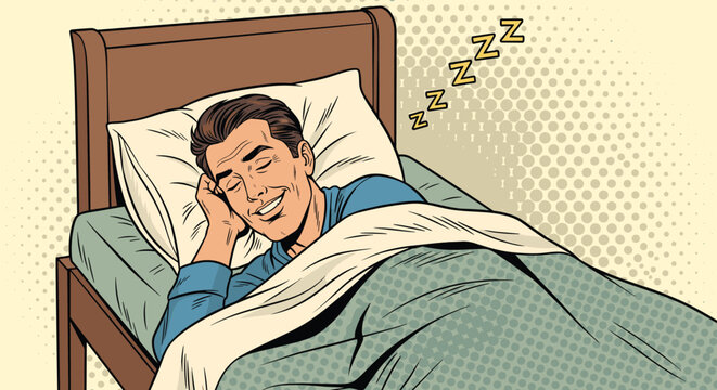 Man sleeps peacefully in a comfortable bed with a happy smile on his face while floating ZZZ symbols indicate a deep slumber.