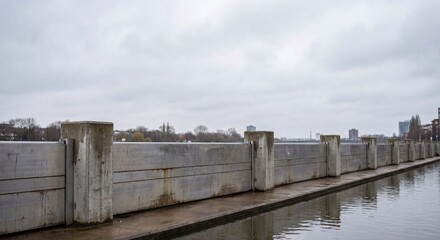 Obraz premium Urban flood barrier wall along cloudy waterfront