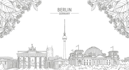 Black and white line art drawing of Berlin skyline featuring landmarks and linden branches © Julian Vance