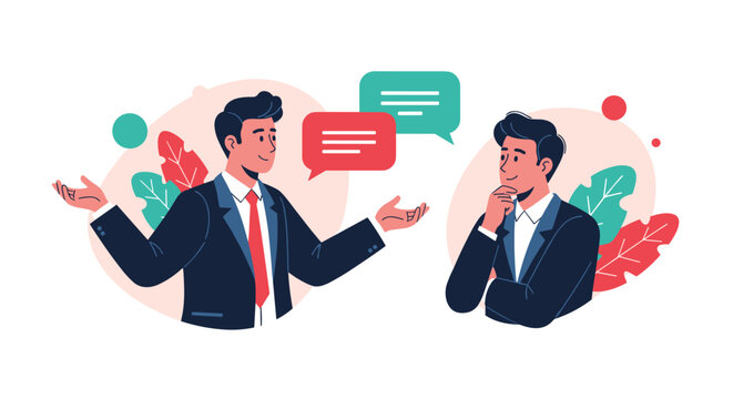 Two professional businessmen in suits engaged in a friendly conversation with colorful speech bubbles between their avatars.