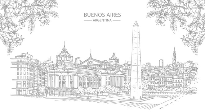 Black and white line art of Buenos Aires landmarks including the Obelisco and Teatro Col&oacute;n