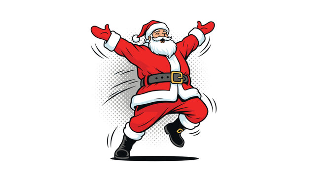 Joyful Santa Claus in his traditional red suit and hat dancing with excitement on a white background with dots.