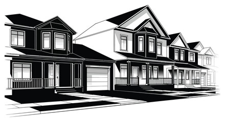 A row of suburban houses presented in a striking black and white illustration emphasizing architectural detail silhouette high quality professional detailed © AsfiqurRahman