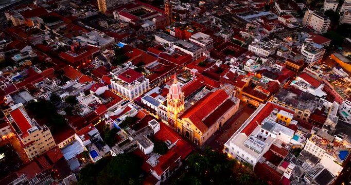 Descending aerial view of Catedral de Santa Catalina de Alejandr&iacute;a, Cartagena