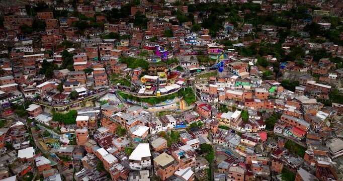 Infamous Comuna 13 (San Javier) with dense construction in Medellin. Aerial