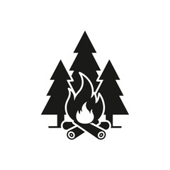 Obraz premium Campfire Icon with Pine Trees Silhouette
