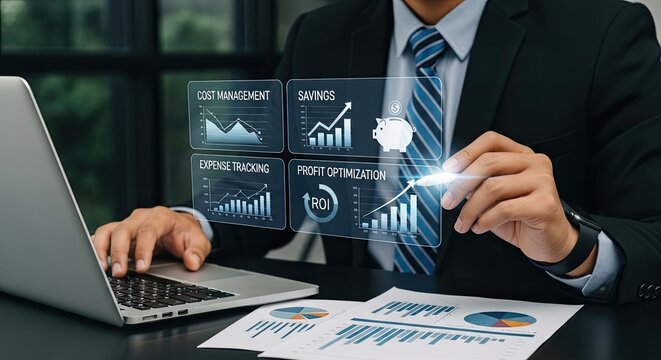 A businessman analyzing financial data on a laptop with virtual graphs