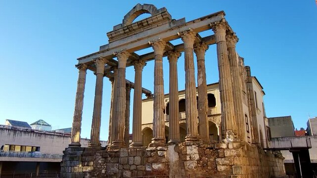 Roman Temple of Diana. M&eacute;rida. Spain. Ruins of a Roman temple with tall columns. Architecture of the Roman Empire.