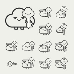 Fototapeta premium Cute Cloud Character Holding Key Icons Set