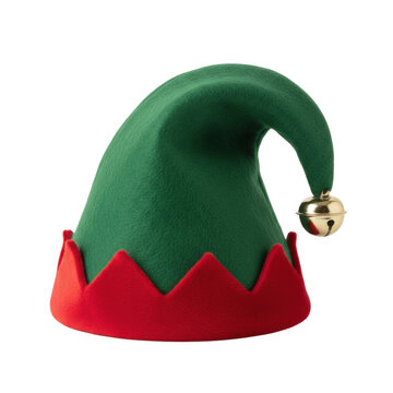 A vibrant forest green felt elf hat with soft red velvet trim and a gold jingle bell, presented on a transparent studio background, evoking a cheerful Christmas atmosphere