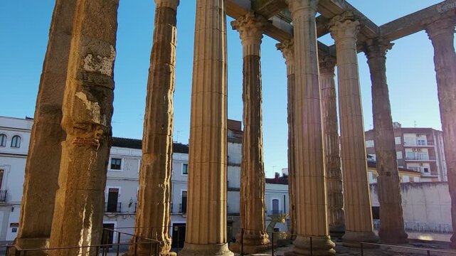 Roman Temple of Diana. M&eacute;rida. Spain. Ruins of a Roman temple with tall columns. Architecture of the Roman Empire.