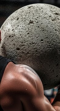Muscular man lifting heavy stone weight.