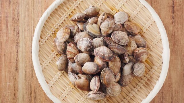 生あさり 竹ざるに盛った旬の貝の食材