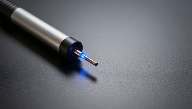 Precision electronic probe with glowing blue indicator light on dark matte surface for technical testing and microelectronics diagnostic procedures in laboratory
