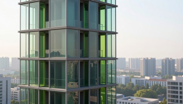Modern glass skyscraper with green tinted windows reflecting sunlight against hazy urban city landscape featuring contemporary architectural design and sustainable materials