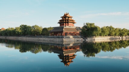 Naklejka premium Forbidden City Corner Tower Reflecting in Clear Water, Beijing, China