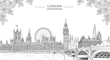 Black and white line drawing of the London skyline across a river with floral borders © Julian Vance