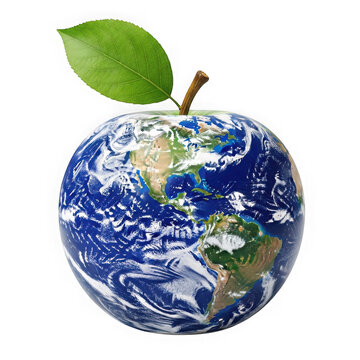 A spherical planet earth shaped like a fresh green apple with a single leaf on the top stem