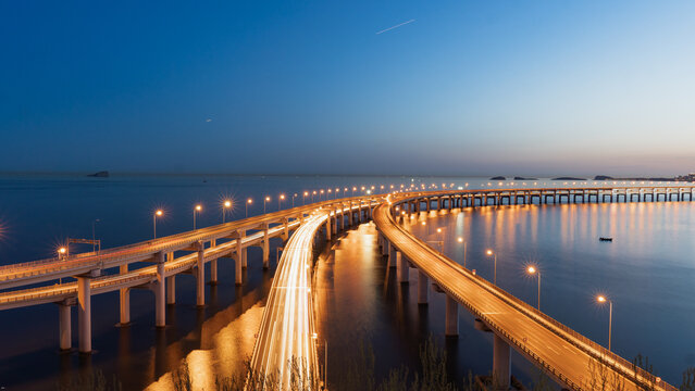 Dalian Xinghai Bay Cross-sea Bridge at Blue Hour, Long Exposure with Car Light Trails, China