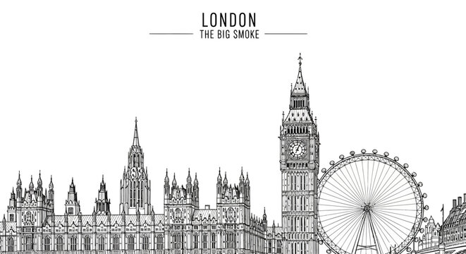 Black and white line drawing of the London skyline featuring the Houses of Parliament Big Ben and the London Eye