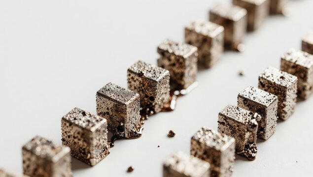 Row of metallic cubes with textured surfaces arranged in parallel lines on a white background