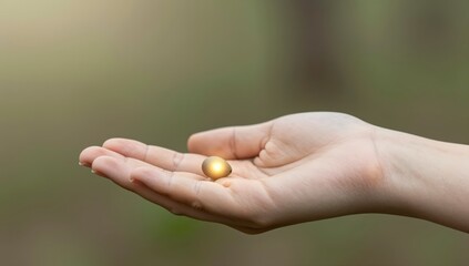 Fototapeta premium Hand gently holding a small glowing golden orb in a natural outdoor setting