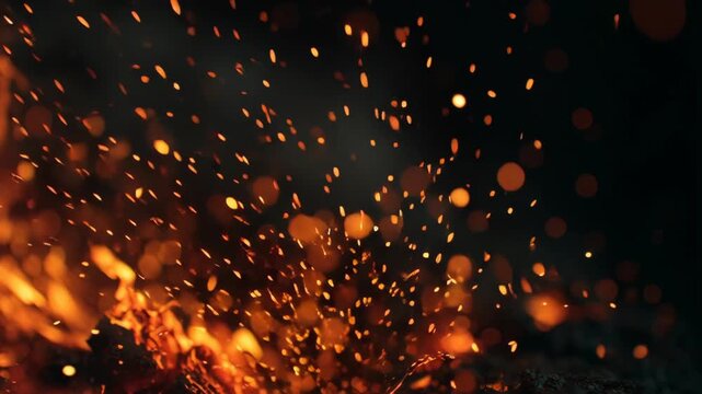 Dynamic close-up of glowing embers and sparks rising from burning coal or wood in a dark environment