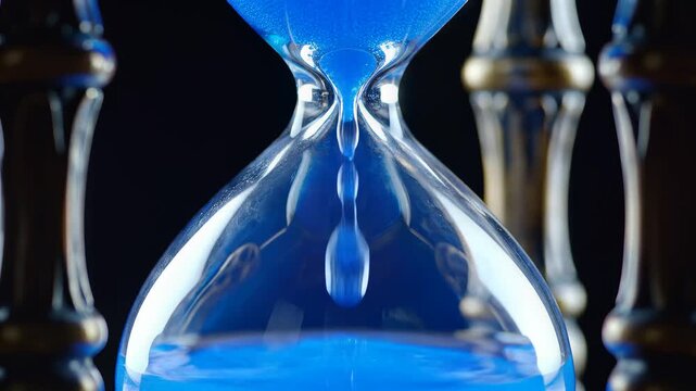 Hourglass with blue sand flowing from the top to the bottom, a detailed visual of time passing with a sleek glass design and metallic accents, set against a dark background, symbolizing the fleeting