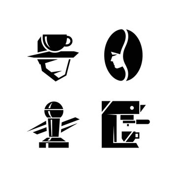 Coffee Icons: Espresso Machine, Coffee Bean, Tamper, Cup Logo Set