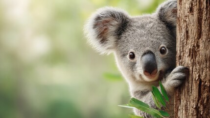 Obraz premium Adorable Koala Chewing Eucalyptus Leaves While Clinging to Tree Trunk
