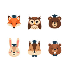 Fototapeta premium Cute cartoon animal faces with graduation caps - Set of educational icons