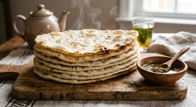 Stack of warm flatbread with za'atar dip and mint tea