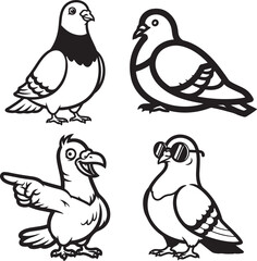 Fototapeta premium Funny Pigeon Bold Outline Silhouette Line Art Set