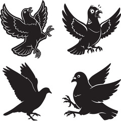 Fototapeta premium Funny Flying Pigeon Bold Outline Silhouette Line Art Set