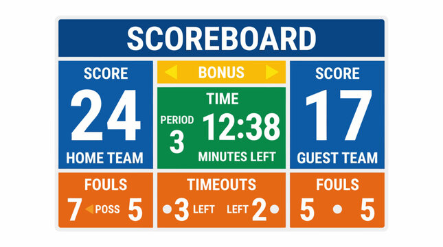 Vivid digital sports scoreboard illustration on a clean white background, displaying game statistics, scores, time, fouls, and timeouts for an active match