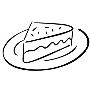 Hand-Drawn Wedding Cake Slice on Plate Doodle, Cute Tiered Dessert Outline for Marriage Banquet, Bakery Menu, and Party Design.