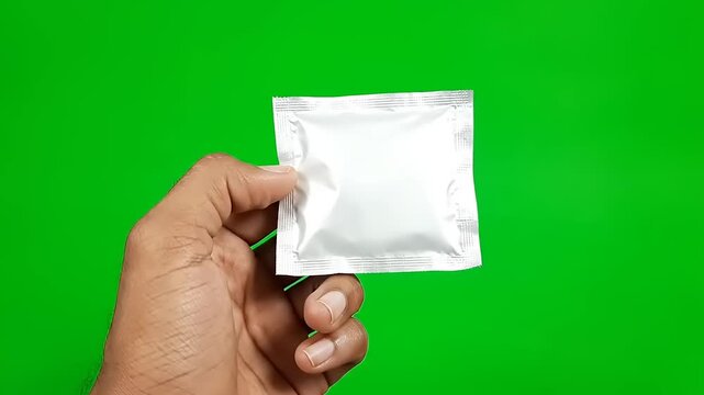 Hand Holding White Square Packet Against Green Screen Background.