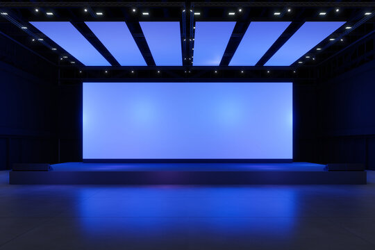Empty stage Design for mockup and Corporate identity,Display.Platform elements in hall.Blank screen system for Graphic Resources.Scene event led night light staging.3d Background for online.3 render.