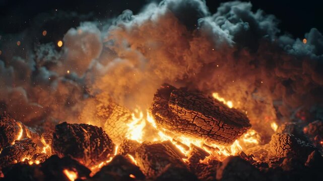 Intense Smoke and Fire Eruption with Glowing Lava and Thick Plumes of Smoke in a Volcanic Eruption Scene