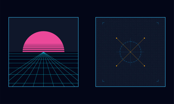 Hand-drawn retro futuristic outrun neon sunset with perspective grid and digital data node interface system illustration