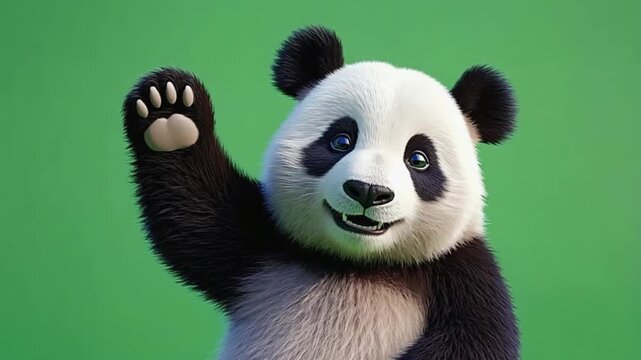 Smiling panda bear waving with paw on green background