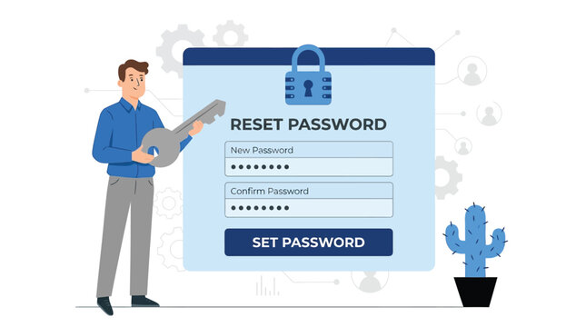Man Holding Giant Key Next to Reset Password Interface for Cybersecurity and Data Privacy Flat Illustration