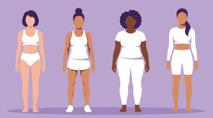 Obraz premium Diverse Multiracial Women of Different Body Types in White Activewear Sportswear Illustration Body Positivity and Inclusivity Concept