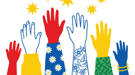 Fototapeta premium Vibrant Vector Illustration of Diverse Hands Reaching for Stars Representing Community Support and Unity Concepts
