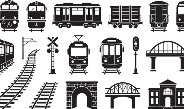 Railway Transport Icon Set, Train and Logistics Symbols Transparent Background