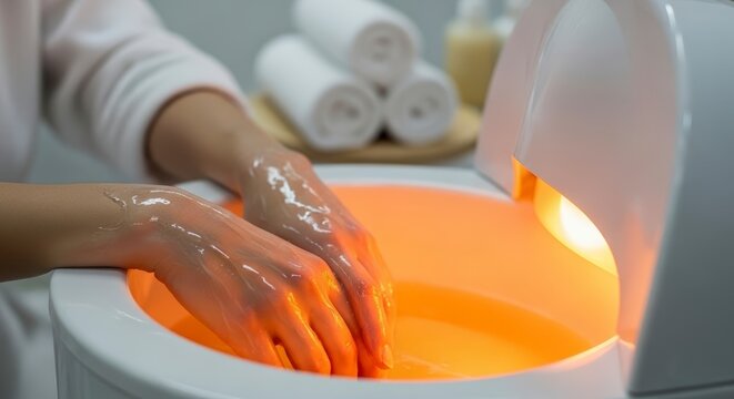 Woman receiving paraffin wax hand treatment.